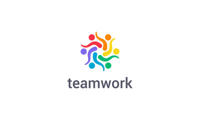 Teamwork logo with colorful abstract people figure vector design