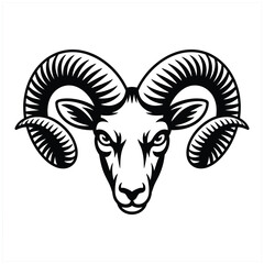 Detailed black and white illustration of a ram s head with large curved horns