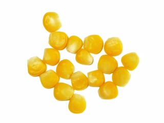 Fresh yellow corn kernels isolated on white background. Close up of ripe yellow corn kernels.