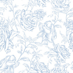 Vintage Toile de Jouy Pattern with Blue Roses and Swallows. Seamless floral and bird illustration