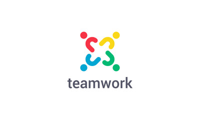 Teamwork logo with colorful abstract people figure vector design