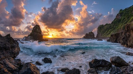 Ocean sunset over rocks with crashing waves, dramatic sky with colorful clouds. A coastal landscape with a vibrant natural setting and rugged beauty.