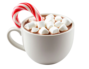 Candy Cane Inserted into a Cup of Hot Cocoa with Marshmallows, isolated on a transparent background.