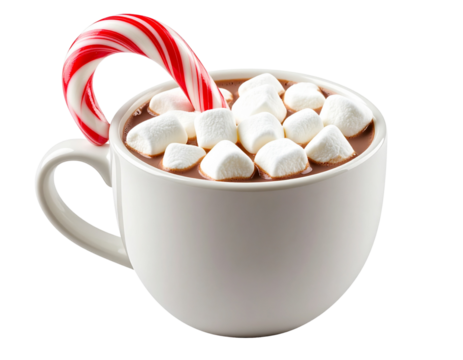 Candy Cane Inserted into a Cup of Hot Cocoa with Marshmallows, isolated on a transparent background.