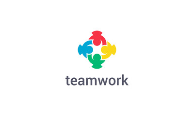 Teamwork logo with colorful abstract people figure vector design