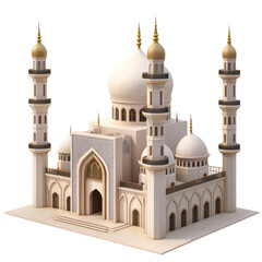 Ornate islamic mosque architecture with blue domes isolated on transparent background. Mosque building isolated on white background.