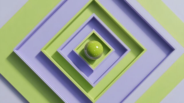 Abstract geometric pattern of nested squares in lime green and lavender.
