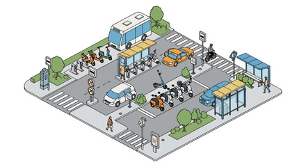 City transport hub with scooters and buses