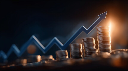 Financial Ascent: A captivating visual narrative unfolds, with coins stacked in ascending tiers, symbolizing growth, underscored by a rising blue arrow that signifies success, and economic progress.