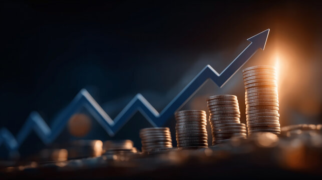 Financial Ascent: A captivating visual narrative unfolds, with coins stacked in ascending tiers, symbolizing growth, underscored by a rising blue arrow that signifies success, and economic progress.