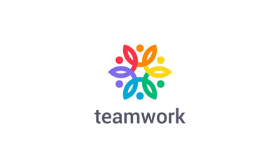 Teamwork logo with colorful abstract people figure vector design