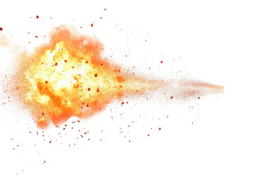 Fiery explosion bursting outward isolated on transparent background. Muzzle flash effect on isolated with white background.