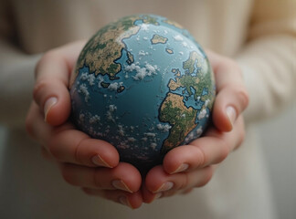 Fototapeta premium Human Hands Gently Cupping Stylized Earth Globe: A Symbol of Global Care, Protection, and Environmental Responsibility