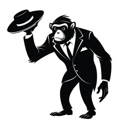 Classy Silhouette of Ape Tipping Hat in Suit – Elegant Monkey Gentleman Vector for Branding, Fashion, Logos, Marketing, Posters, and Digital Graphic Design Projects