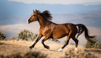 Fototapeta premium majestic brown stallion in motion galloping through wildlife with grace and power on a sunny day