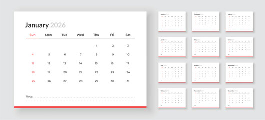 Calendar template for 2026 with week start on Sunday. Monthly calendar layout for 2026 year. Diary planner for 2026 year.