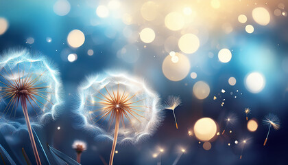 Obraz premium glowing dandelion flowers with sparkles and bright background