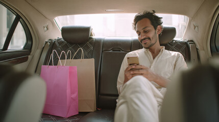 young indian man sitting in the back seat of taxi and using smartphone