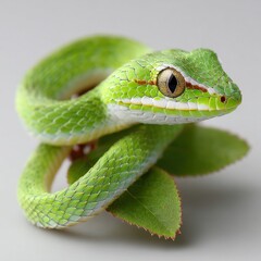 Obraz premium Green Pit Viper Snake on Leaf, Isolated
