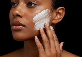 Close-up of a woman applying facial cream to her cheek.