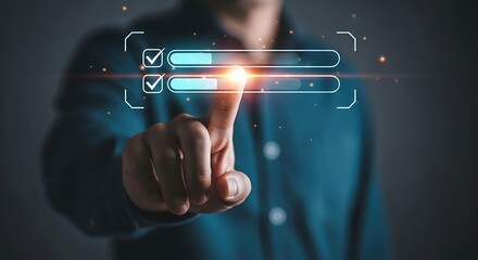 Persons finger interacting with a futuristic digital progress bar