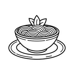 Simple line drawing of a bowl of spaghetti with basil garnish