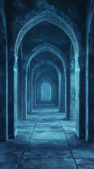 Obraz premium Arched Hallway with Repeating Columns in Dark Blue Tone