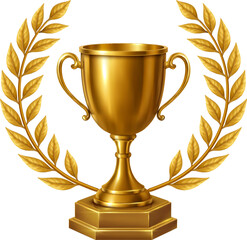 Realistic golden trophy cup with laurel wreath, symbol of victory, success, achievement, and celebration.