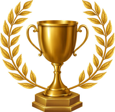 Realistic golden trophy cup with laurel wreath, symbol of victory, success, achievement, and celebration.