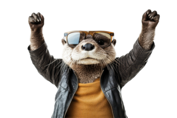 Cool otter wearing sunglasses and a leather jacket with arms raised isolated on transparent background. Otter with raised arms isolated on white background.