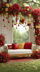 Fototapeta premium wedding stage decoration with flowers and gold sofa
