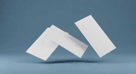 Three blank white rectangular paper cards floating or falling against a simple blue background.