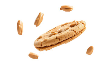 Delicious almond cookies and crumbs flying in the air isolated on transparent background. Peanut butter floating cookies isolated on white background.
