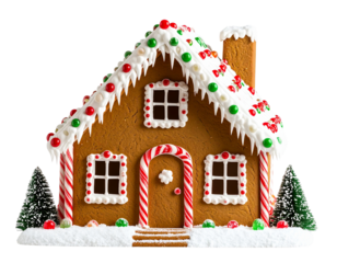 Classic Gingerbread House with Colorful Candy Decor, transparent PNG.