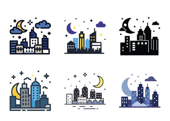 Obraz premium Nighttime Cityscape Illustrations with Moon and Stars, Variety of Colors and Styles