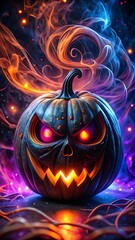 Eerie glowing jack-o'-lantern with vibrant smoke creating spooky Halloween night atmosphere