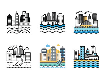 Stylized Cityscapes Collection Featuring Buildings, Water, and Diverse Architectural Designs