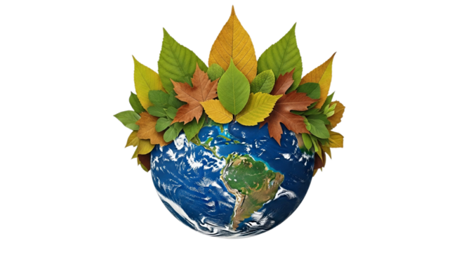 Earth globe surrounded with colorful autumn leaves isolated PNG with Transparent Background