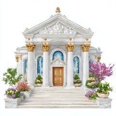 Ornate Marble Temple with Columns, Stained Glass, and Floral Decorations