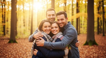Fototapeta premium Happy couples hugging in an autumn forest with sunlight streaming through the trees