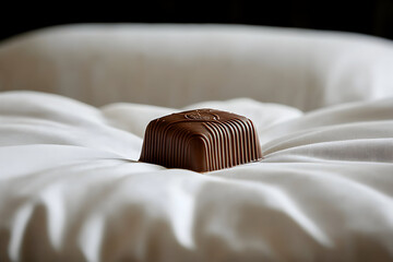 A dark brown chocolate square rests on a white pillow.