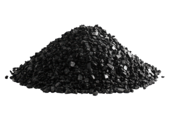 Pile of activated charcoal granules isolated on transparent background. Pile of black coal showing its texture and richness isolated on white background.