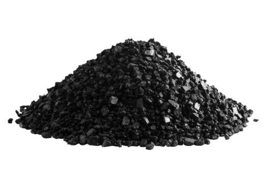 Pile of activated charcoal granules isolated on transparent background. Pile of black coal showing its texture and richness isolated on white background.