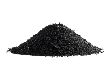 Pile of activated charcoal granules isolated on transparent background. Pile of black coal showing its texture and richness isolated on white background.