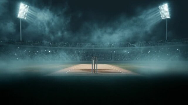 Dramatic cricket stadium at night with bright floodlights illuminating the pitch and a cheering crowd