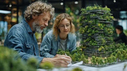 Two individuals are thoughtfully examining a miniature building covered in greenery, suggesting a focus on sustainable design and environmental consciousness. They are in a focused state of mind