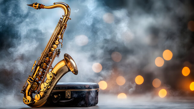 A gold tenor saxophone rests on a dark case against a blurred background of lights and smoke.