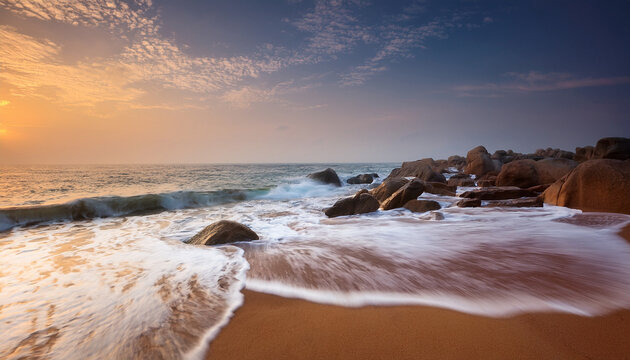 a serene interpretation of a tranquil landscape of the coastal area near velankanni at sunrise with soft waves