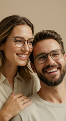 Casal sorridente usando óculos com fundo neutro