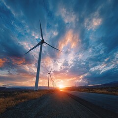 Obraz premium Windmill Power at Sunset in a Vibrant Landscape Environment
